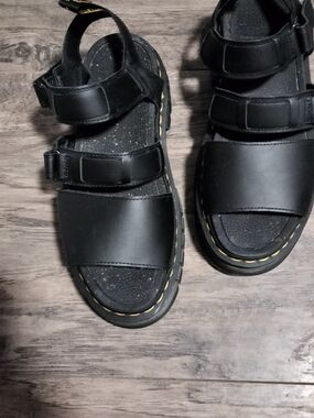 Doc Martens Black Leather Sport Sandals with Yellow Stitching